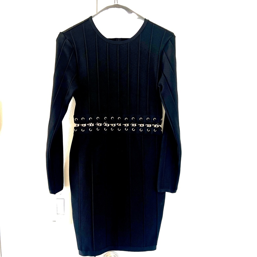 SPRING SALE! Herve Leger(?) black long sleeve dress w/ gold chain accent.Size S